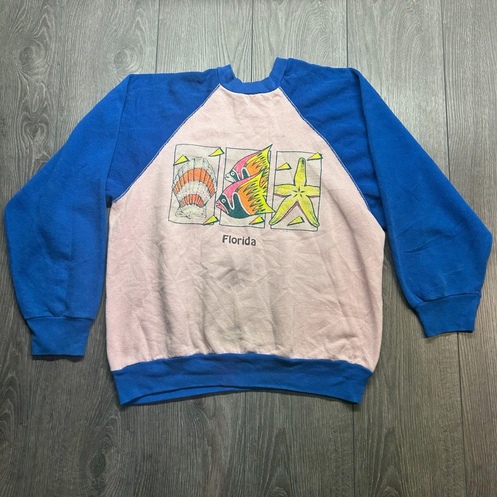 Vintage 80s Tultex Florida Souvenir Sweatshirt Pink Blue Raglan Medium USA Made
